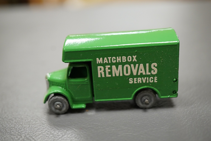 Ten boxed Matchbox Series 1-75 regular wheels vehicles; 1; Aveling Barford Road Roller, 3; Cement Mixer, 4; Massey Harris Tractor, 6; Quarry Truck (flaps on one end reattached with tape repair), 7; Horse drawn milk float